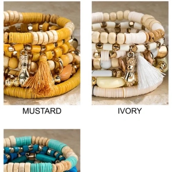 SOLD OUT Multi Layer Mustard Charm Beaded Wood Metal Gold Bead Stretch Bracelet - Picture 3 of 3